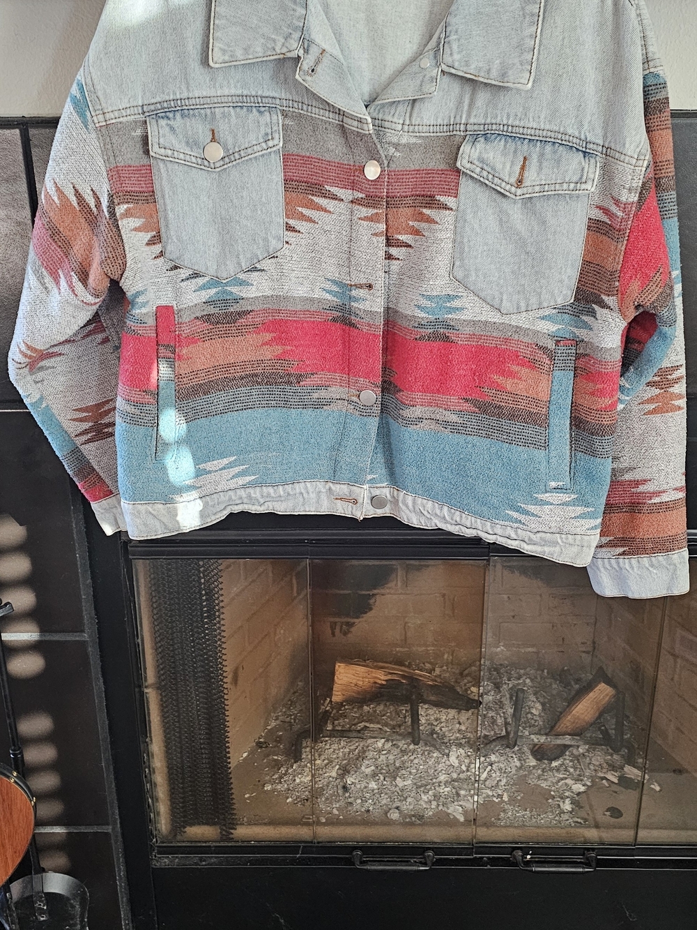 Southwestern Pattern Denim Jacket in Coral & Aqua